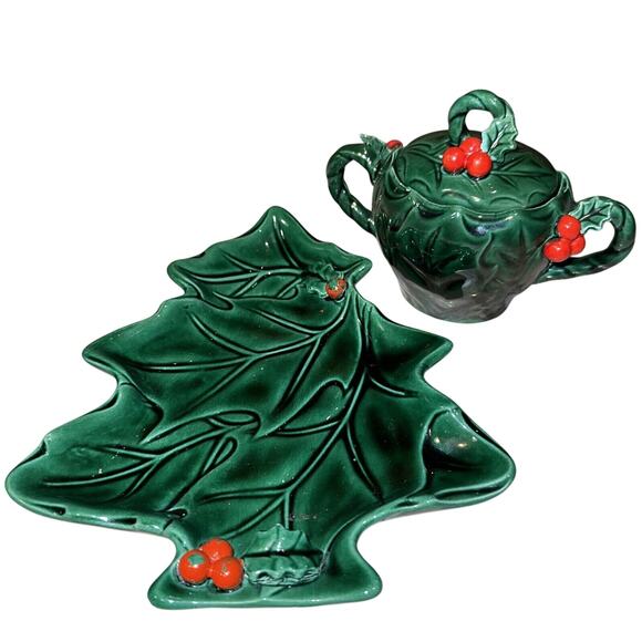 Lefton Ceramic Holiday Christmas Tree Plate Sugar Bowl Set Holly Green Lidded Vg - Picture 1 of 12